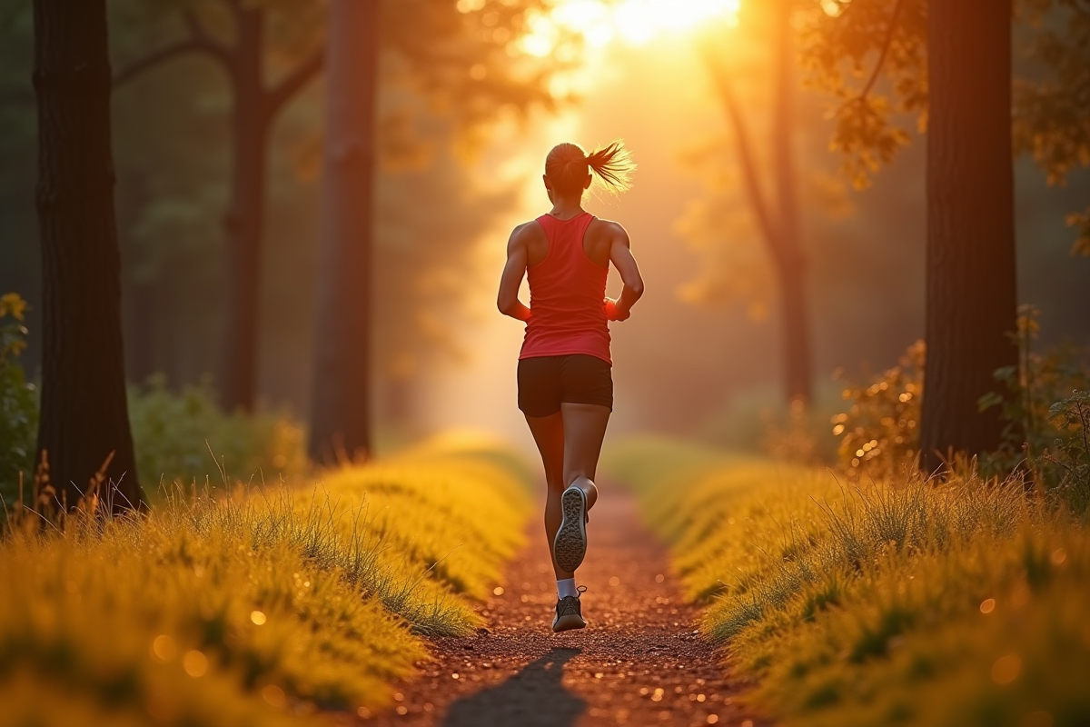 Femme sportive courant au lever du soleil dans la forêt
