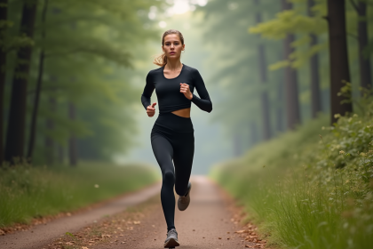 Femme sportive courant en for&ecirc;t au petit matin