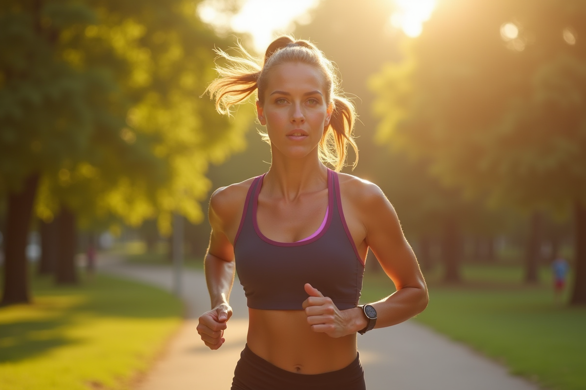 Femme sportive courant dans un parc en matinée ensoleillée