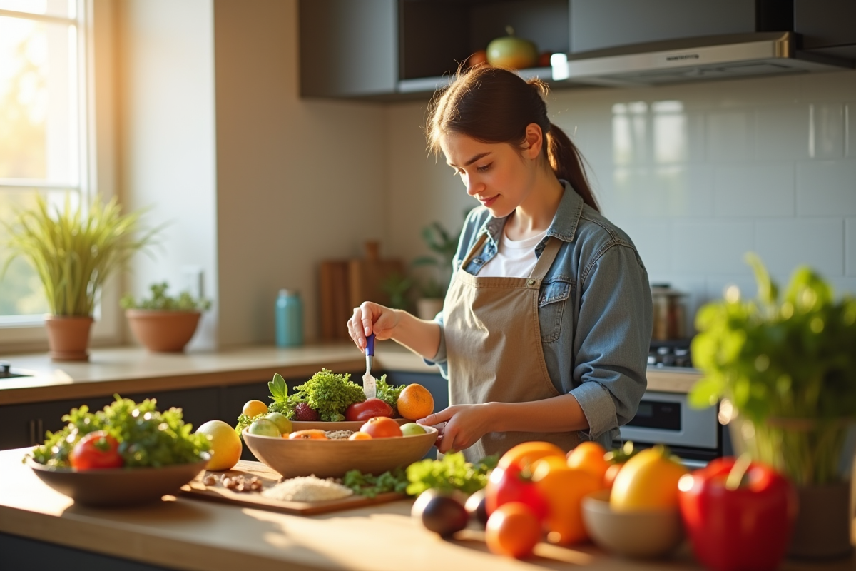 Jeune adulte préparant un repas sain dans une cuisine lumineuse
