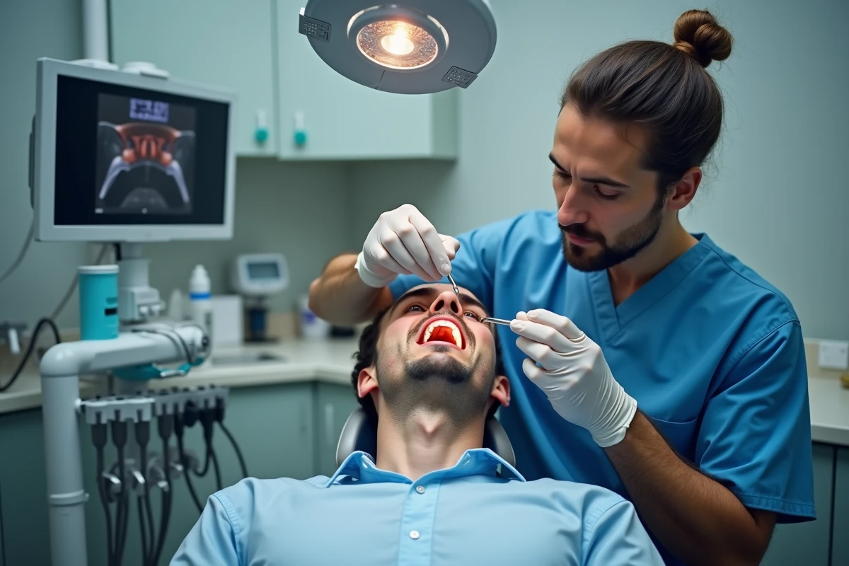 Dentiste examinant le palais gonflé d'un patient avec miroir buccal lors d'un diagnostic clinique