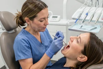Dentiste examinant l'usure des prémolaires et molaires d'un patient avec un miroir dentaire dans un cabinet moderne