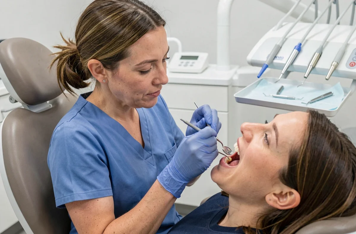 Dentiste examinant l'usure des prémolaires et molaires d'un patient avec un miroir dentaire dans un cabinet moderne