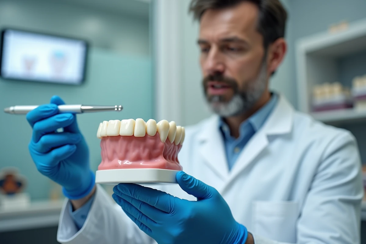 Dentiste masculin présentant une prothèse dentaire amovible comme alternative aux implants dentaires