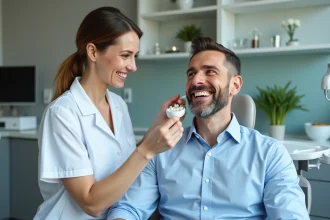 Dentiste femme tenant un guide de teinte dentaire avec un patient souriant
