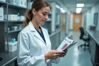 Dermatologue femme examinant une biopsie cutanée dans un laboratoire