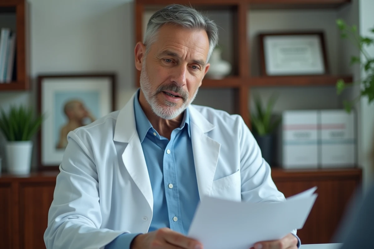 Dermatopathologue homme discutant avec un patient dans un bureau