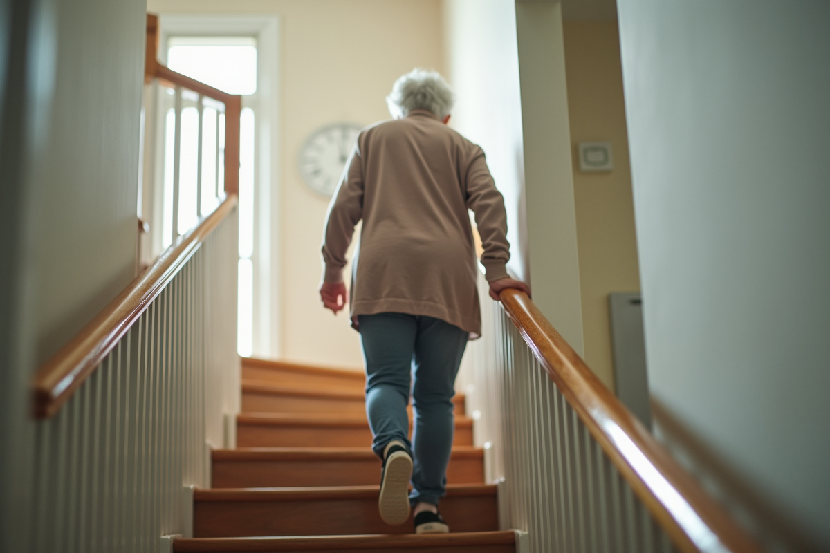 Femme âgée descendant prudemment un escalier moderne