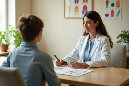 Diététicienne pédiatrique conseillant un adolescent sur son alimentation pour la maladie de Sever
