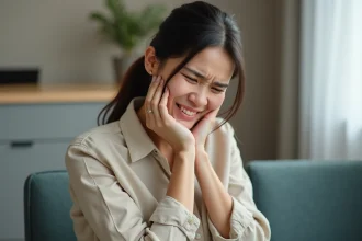 Femme adulte tenant sa mâchoire douloureuse en salle d'attente chez le dentiste, illustrant la douleur des dents de sagesse