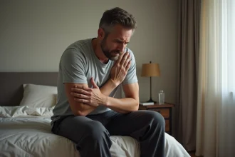 Homme d'âge mûr assis sur un lit tenant son épaule douloureuse, illustrant les douleurs musculaires liées à une maladie