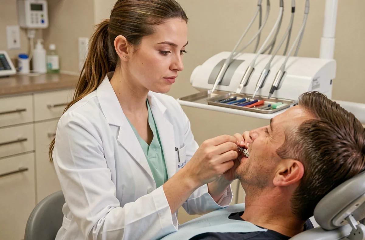 Dr Aurore Delavierre en consultation orthodontique ajustant des brackets sur un patient