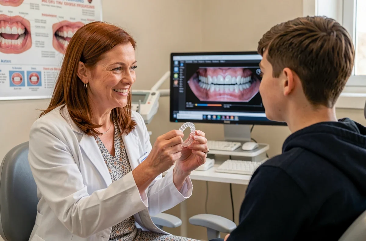 Dr Caroline Bruyere Franc présentant des aligneurs transparents à un patient dans son cabinet