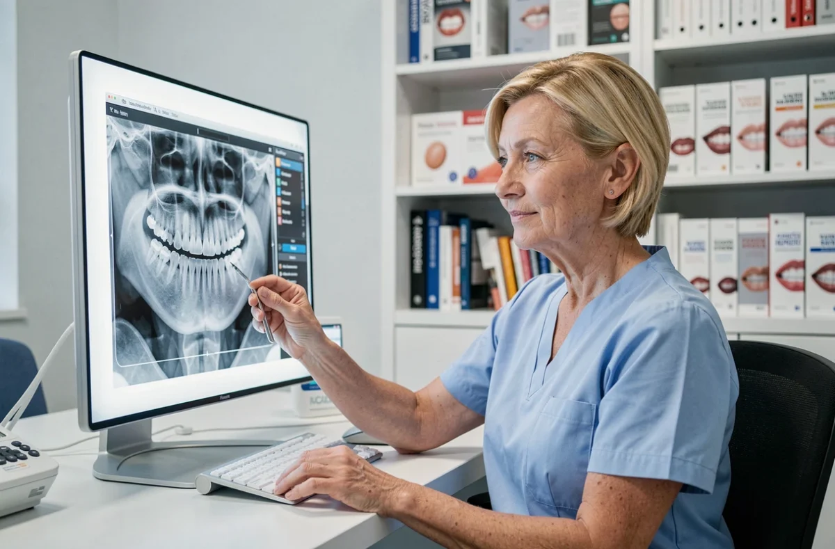 Dr Corinne Landel Vallais examinant une radiographie dans son cabinet orthodontique