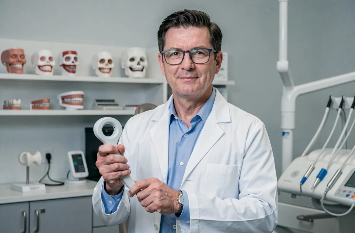Dr Nicolas Rodier orthodontiste tenant un scanner intraoral dans son cabinet du Loiret