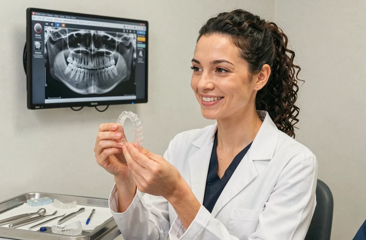 Dr Sarah Serizer orthodontiste présentant des aligneurs à son patient dans le Loiret