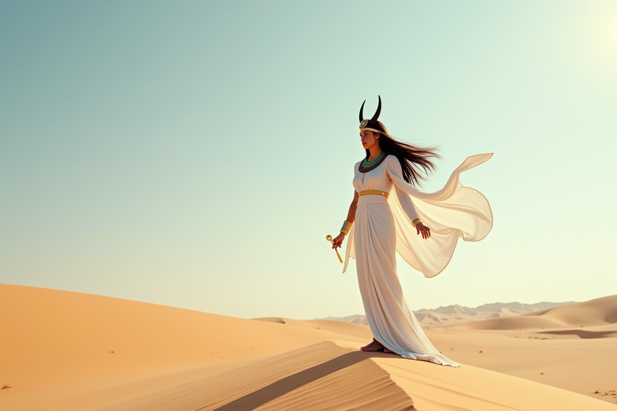 Femme représentant Isis sur une dune de sable dans le désert en plein jour