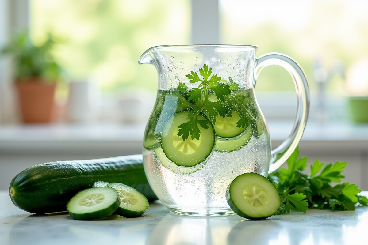 Eau infusée avec concombre et menthe sur un plan de travail
