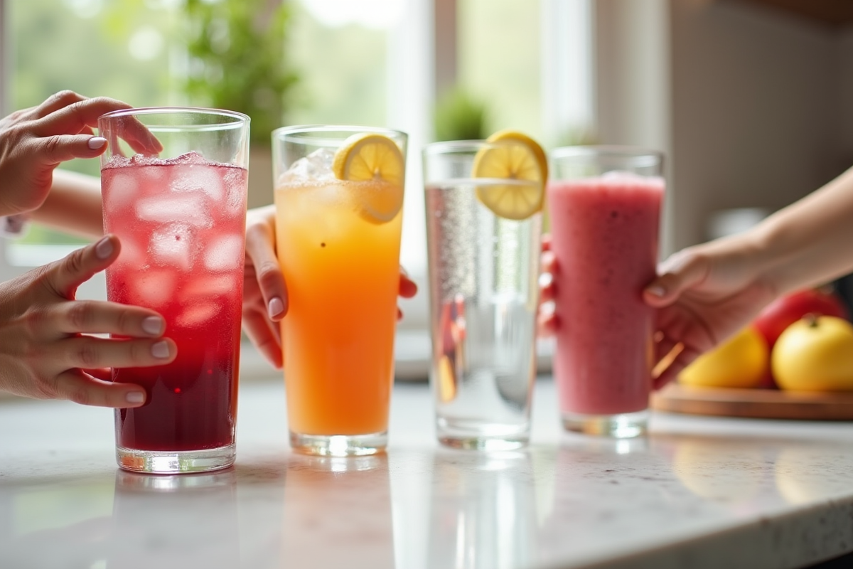 Mains de différentes personnes avec verres de jus et smoothies