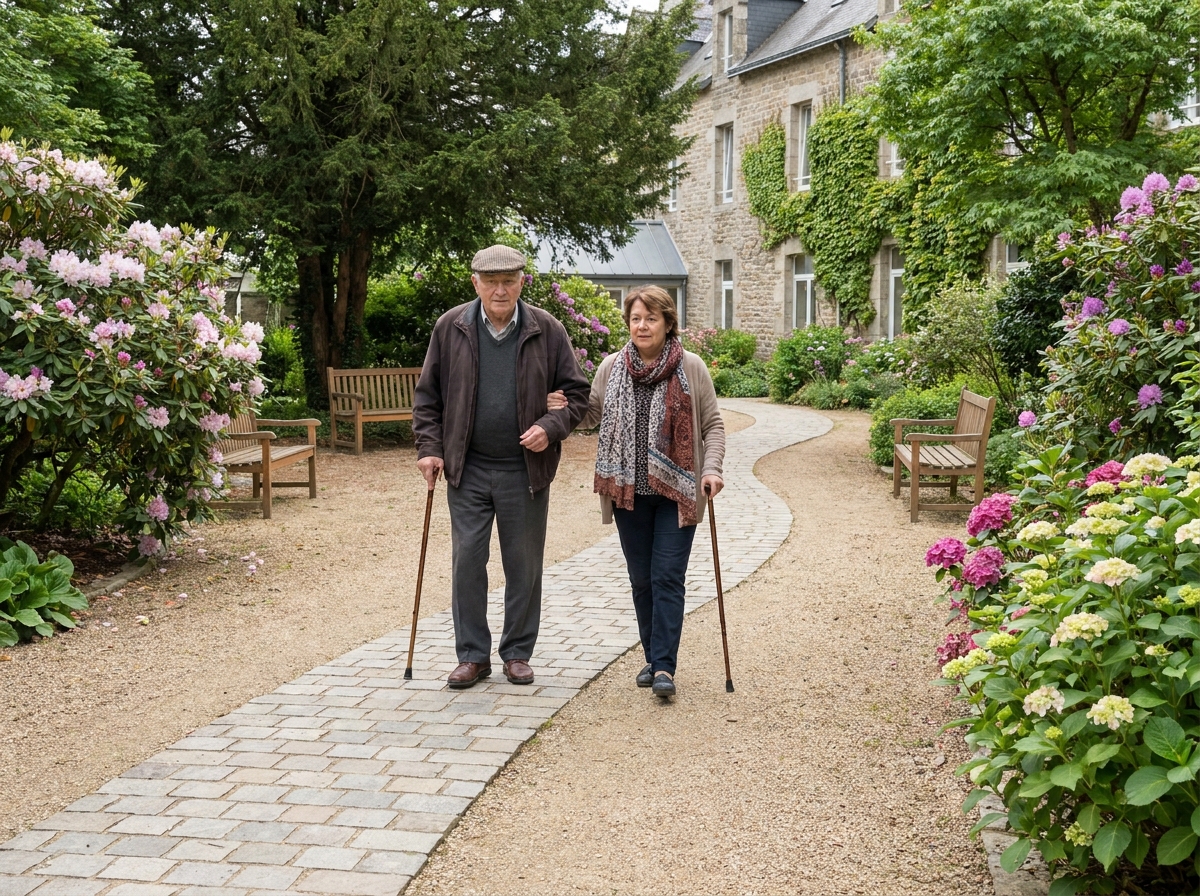 Deux résidents seniors se promenant dans le jardin paysager de l'EHPAD Parc de Diane LNA Santé à Nantes