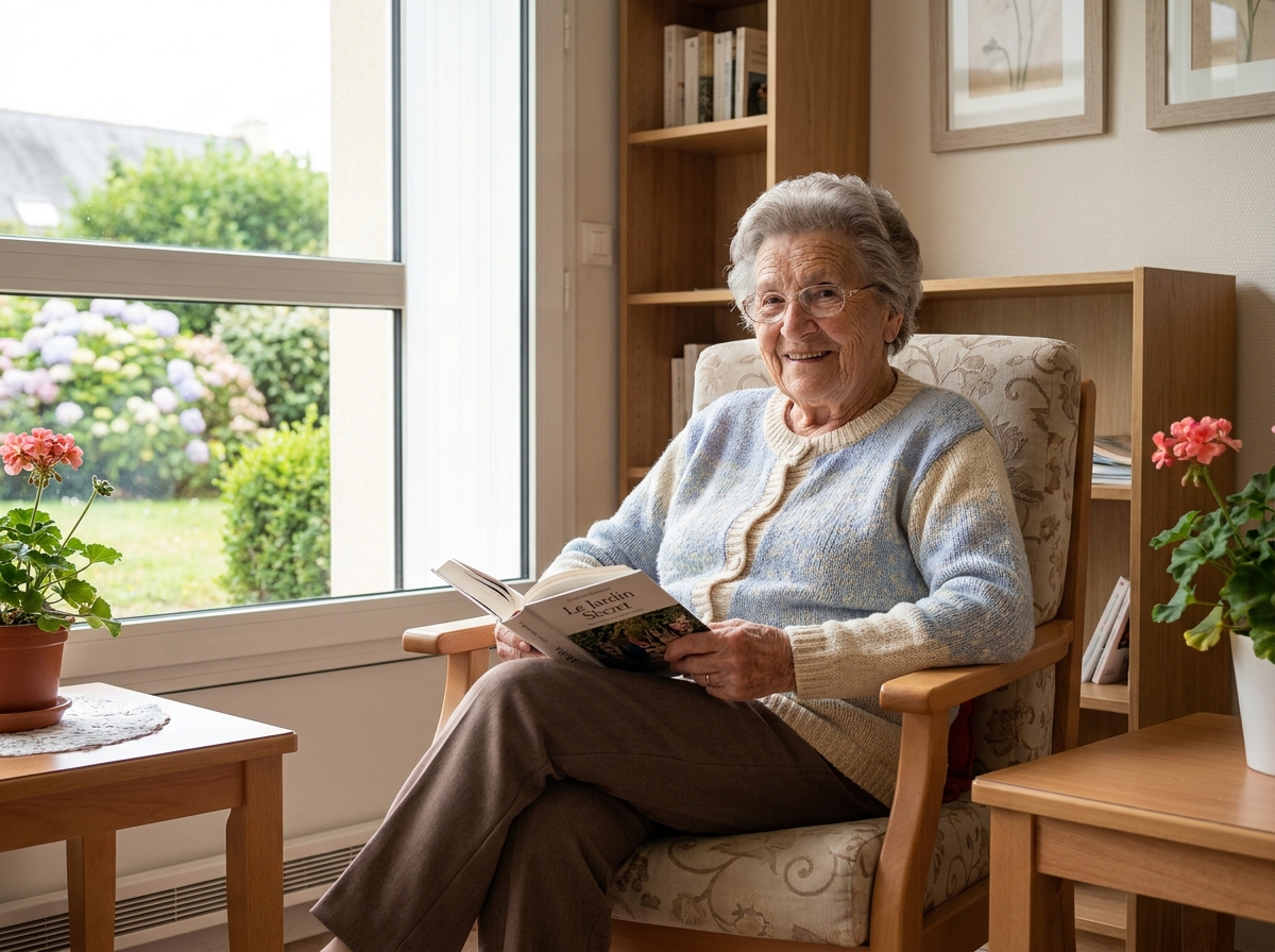 Résidente senior souriante lisant dans un fauteuil confortable au sein de l'EHPAD Parc de Diane à Nantes, vue sur le jardin