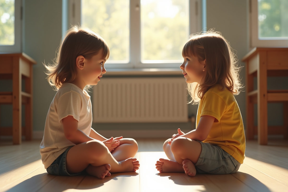 Jeune enfant en classe avec adulte dans une salle lumineuse