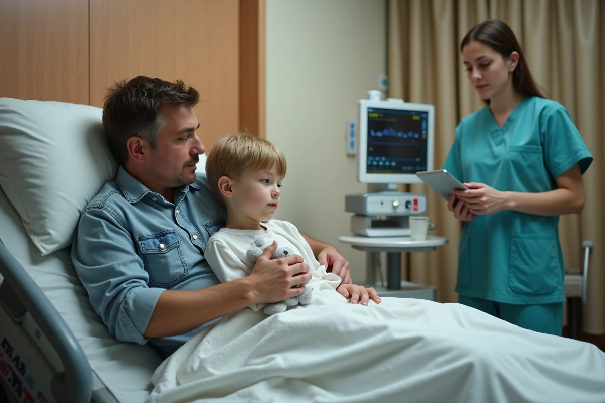 Enfant en salle de réveil après anesthésie générale réconforté par son père sous la surveillance d'une infirmière