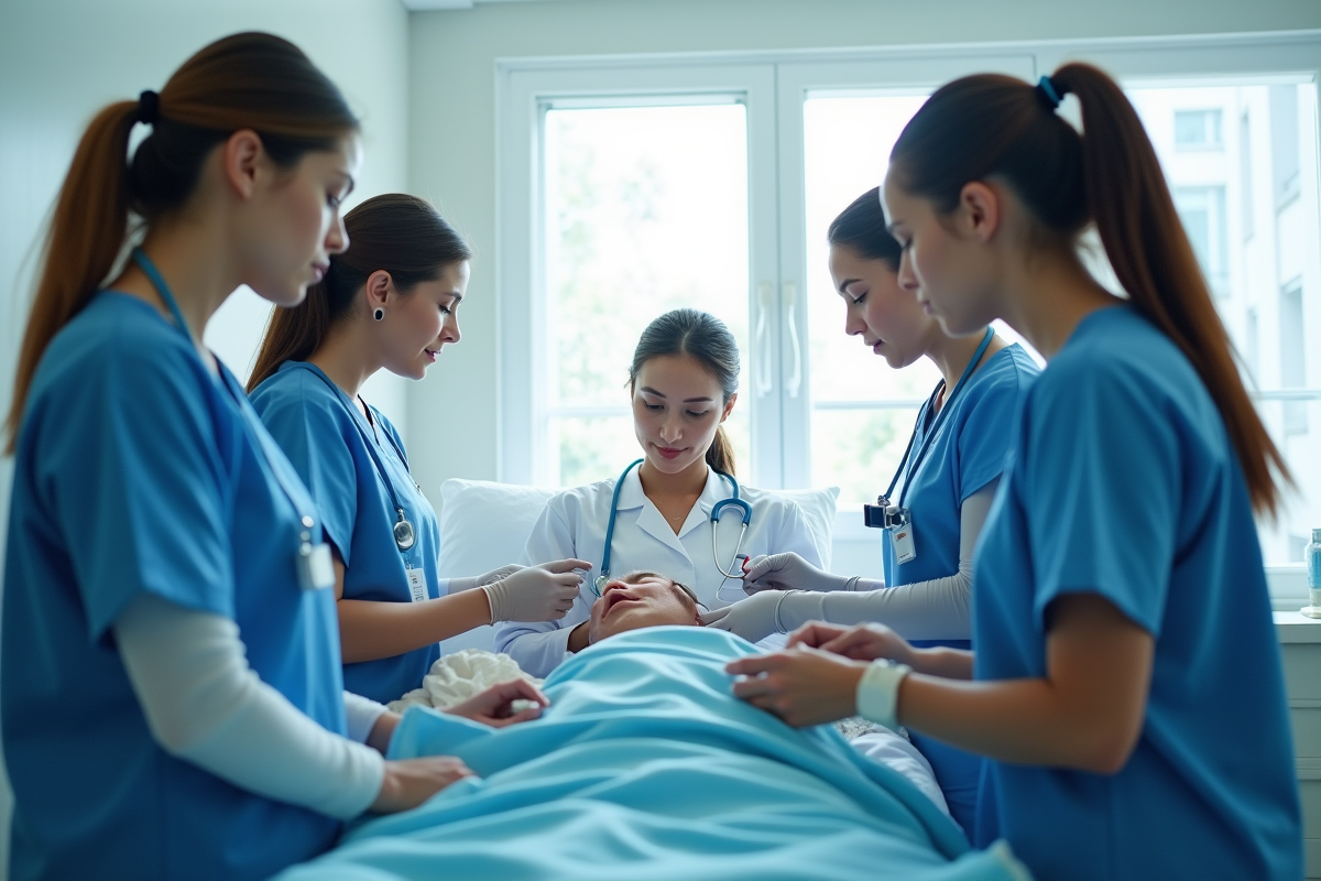 Groupe d infirmieres collaborant autour d un lit de patient