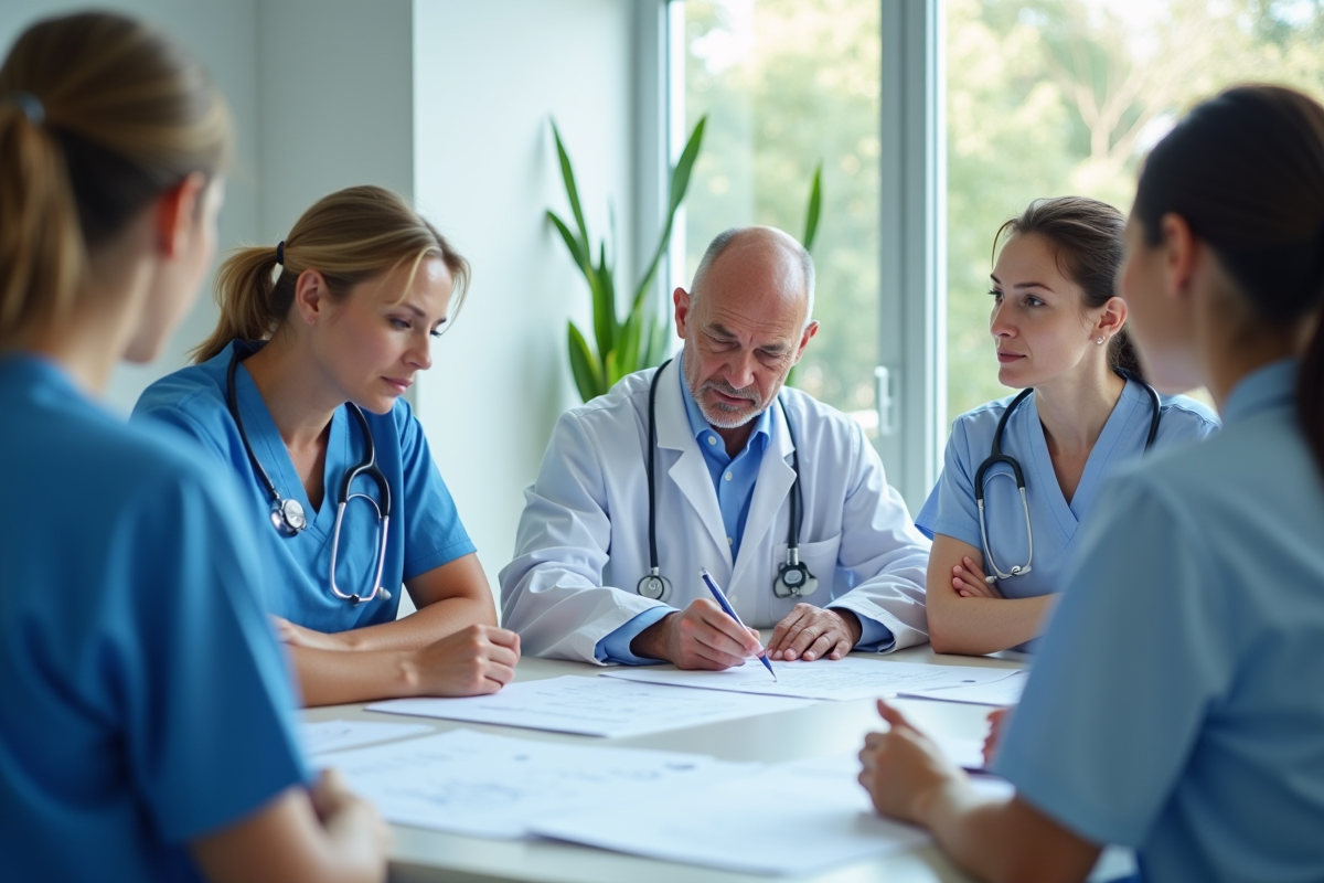 Équipe soignante et médecin en réunion hospitalière