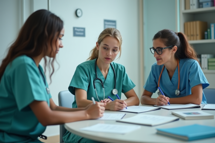 Trois professionnels de santé en réunion hospitalière