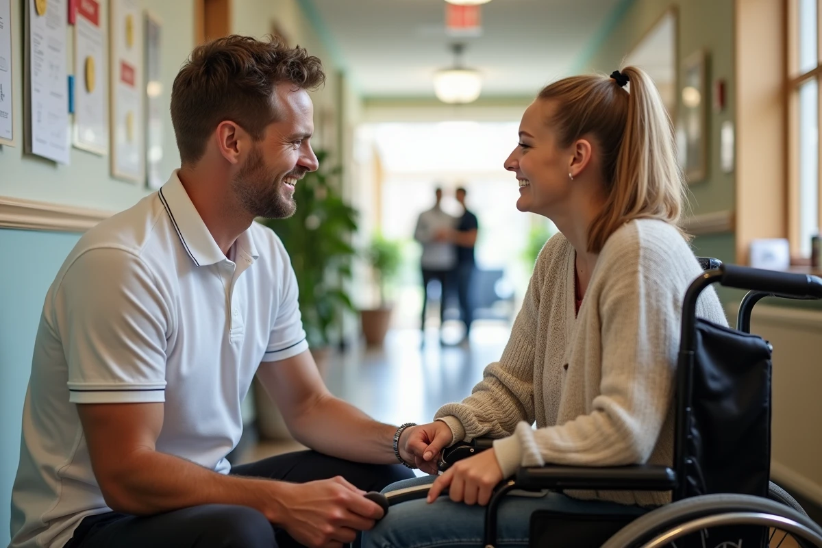 Ergothérapeute masculin en centre communautaire aidant une personne en fauteuil roulant à utiliser des ustensiles adaptés