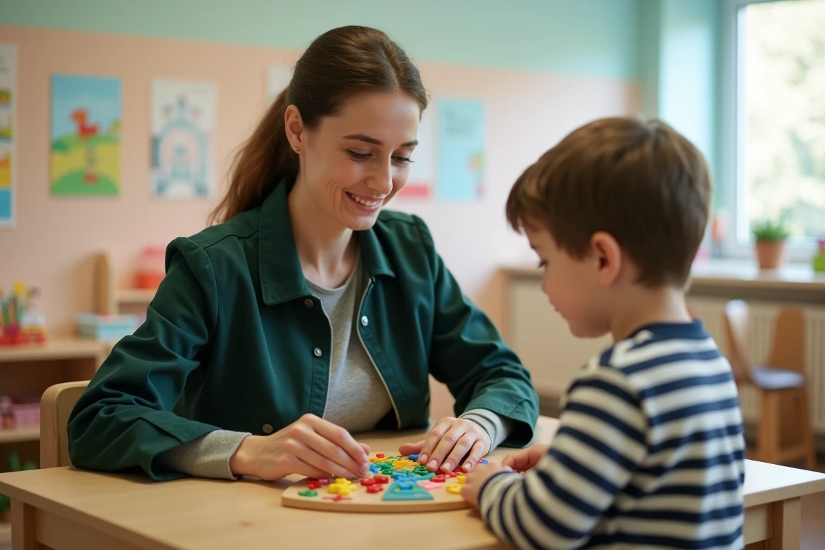 Ergothérapeute en salle pédiatrique accompagnant un enfant dans un exercice de motricité fine avec un tableau de chevilles coloré