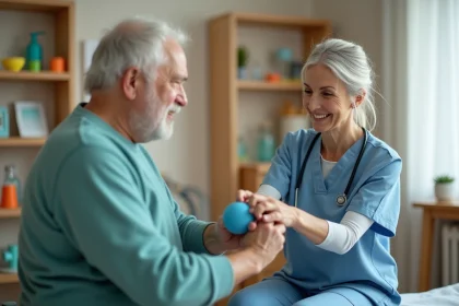 Ergothérapeute accompagnant avec empathie un patient âgé lors d'un exercice de réhabilitation de la main en salle de soins