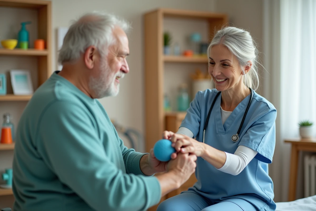 Ergothérapeute accompagnant avec empathie un patient âgé lors d'un exercice de réhabilitation de la main en salle de soins