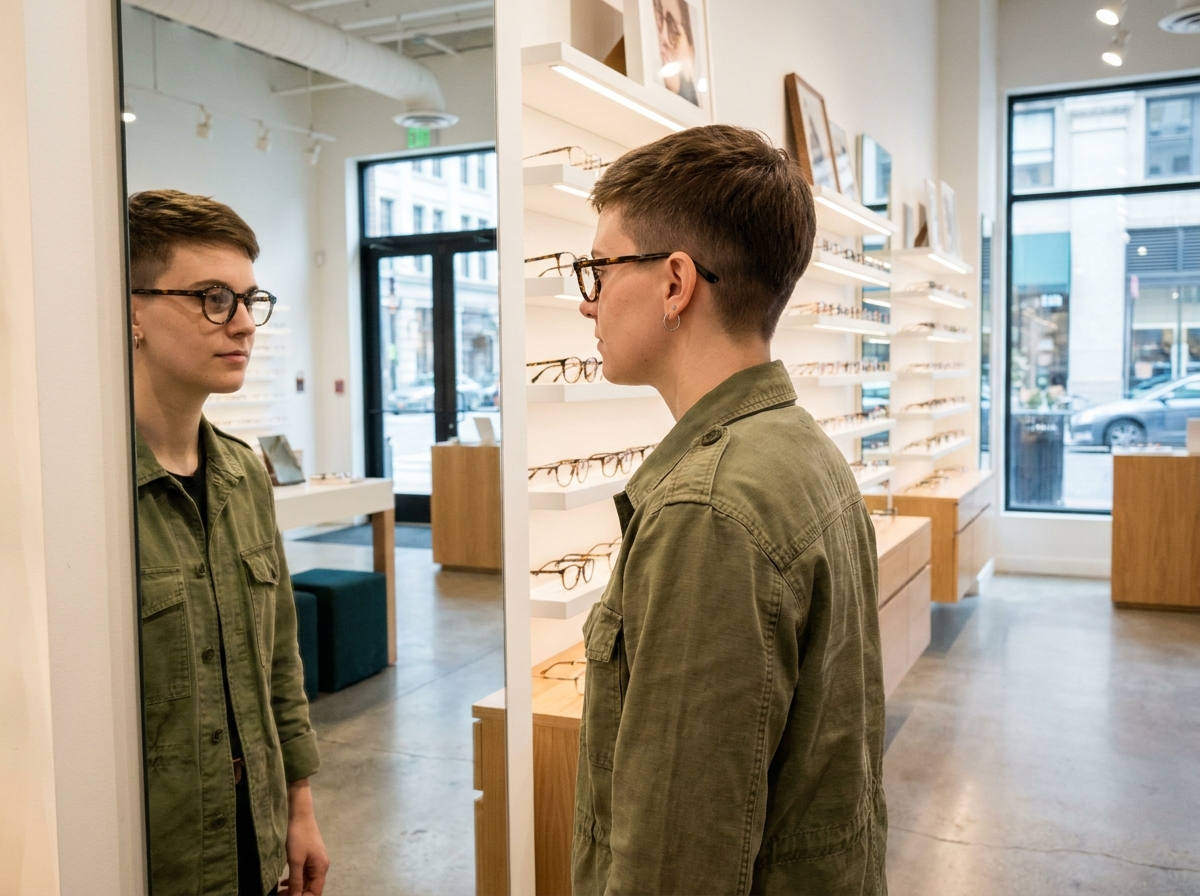 Personne jeune essayant des lunettes rondes en acétate devant un miroir dans une boutique d'optique moderne en ville
