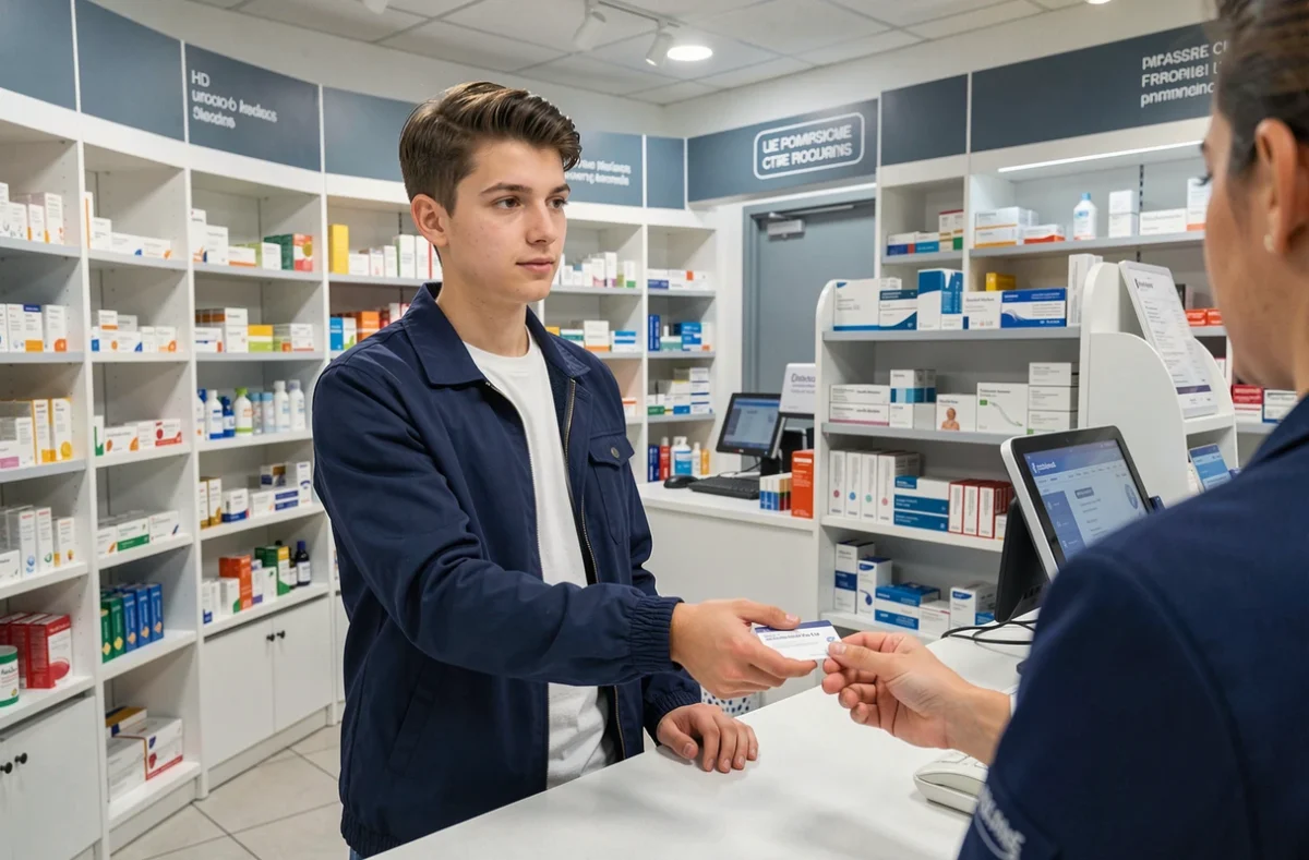Étudiant présentant sa carte de mutuelle santé Ociane Matmut à une pharmacie
