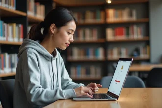 Étudiante configurant les réglages de son navigateur pour se connecter à l'ENT Cristolink UPEC sur un laptop dans une bibliothèque universitaire