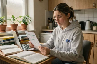 Étudiante lisant une brochure de mutuelle santé à son bureau dans un appartement universitaire