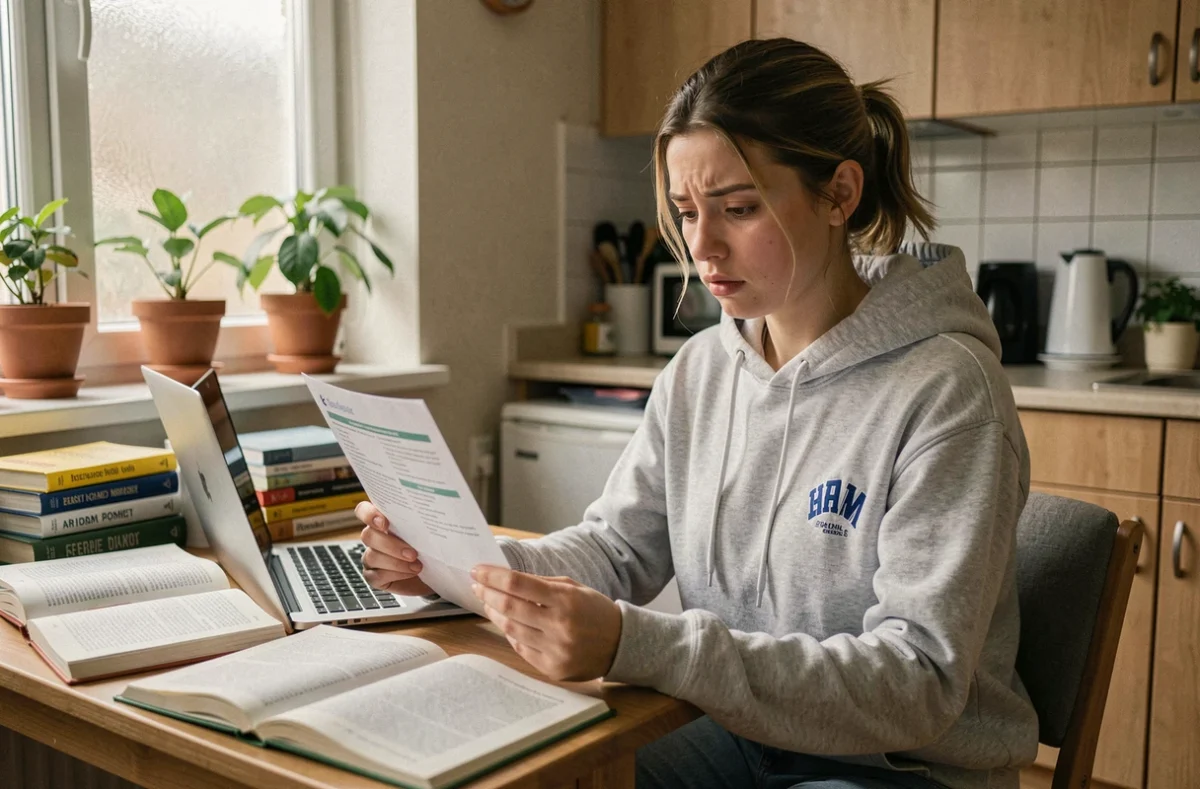 Étudiante lisant une brochure de mutuelle santé à son bureau dans un appartement universitaire