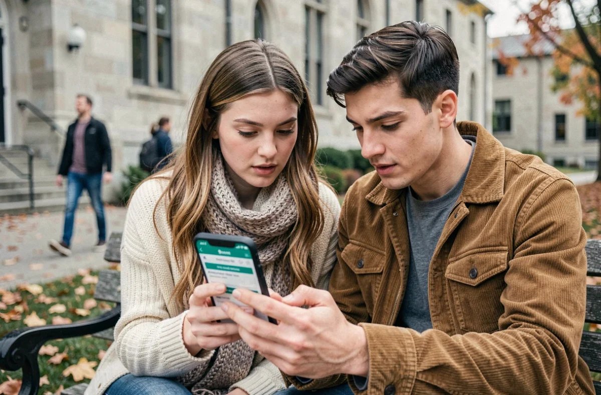 Deux étudiants comparant des offres de mutuelles santé étudiantes sur un smartphone en campus