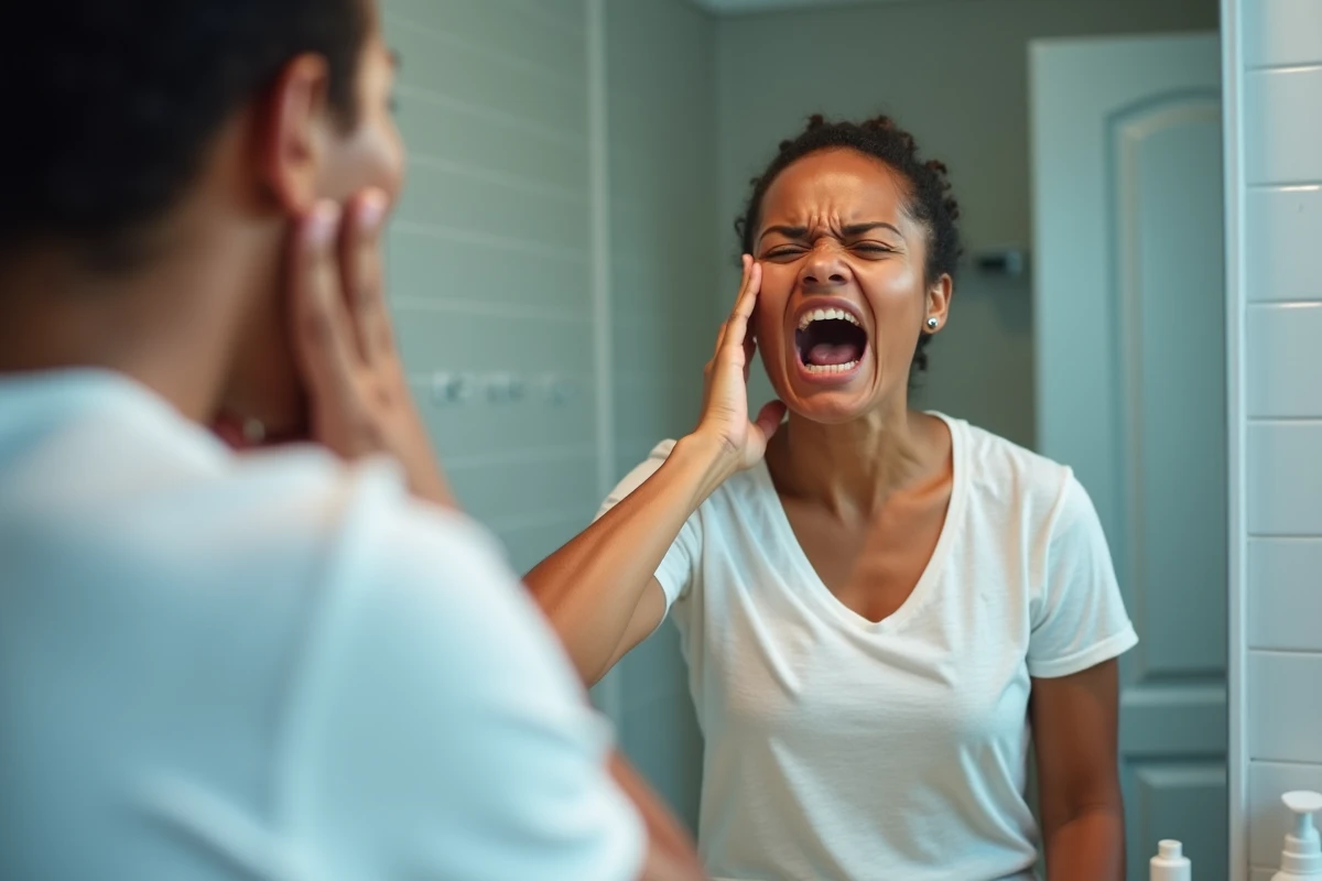 Personne adulte examinant ses dents de sagesse douloureuses devant le miroir de salle de bain, bouche ouverte et grimace de douleur