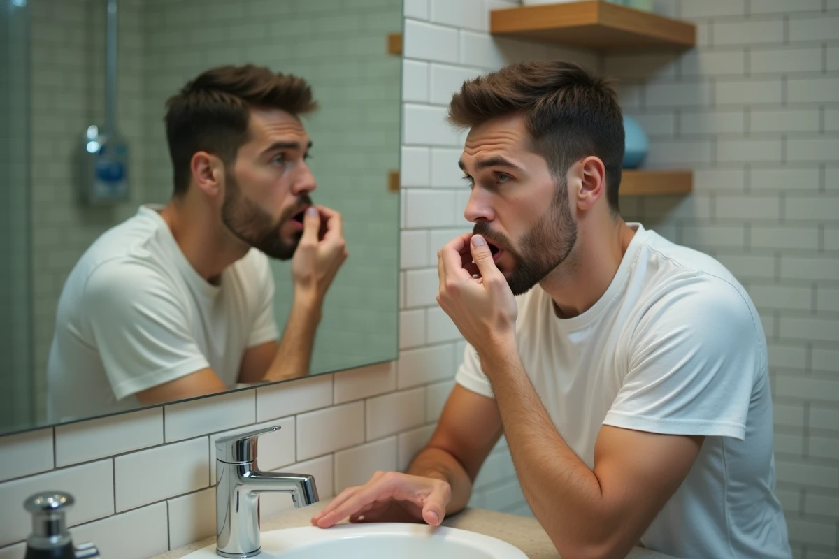 Homme examinant son sourire dans un miroir de salle de bain, comparaison authentique avant et après traitement dentaire The Smilist sans filtre Instagram