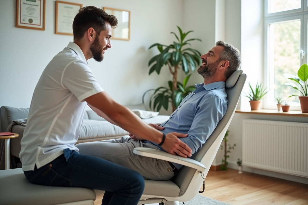 Osteopathe homme en polo blanc réalisant un examen de la colonne vertébrale