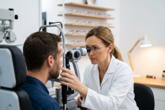 Opticienne réalisant un examen de la vue avec une lampe à fente dans une clinique optique moderne
