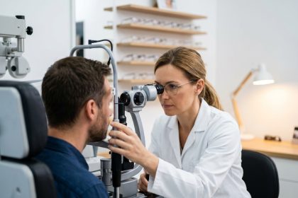 Opticienne réalisant un examen de la vue avec une lampe à fente dans une clinique optique moderne