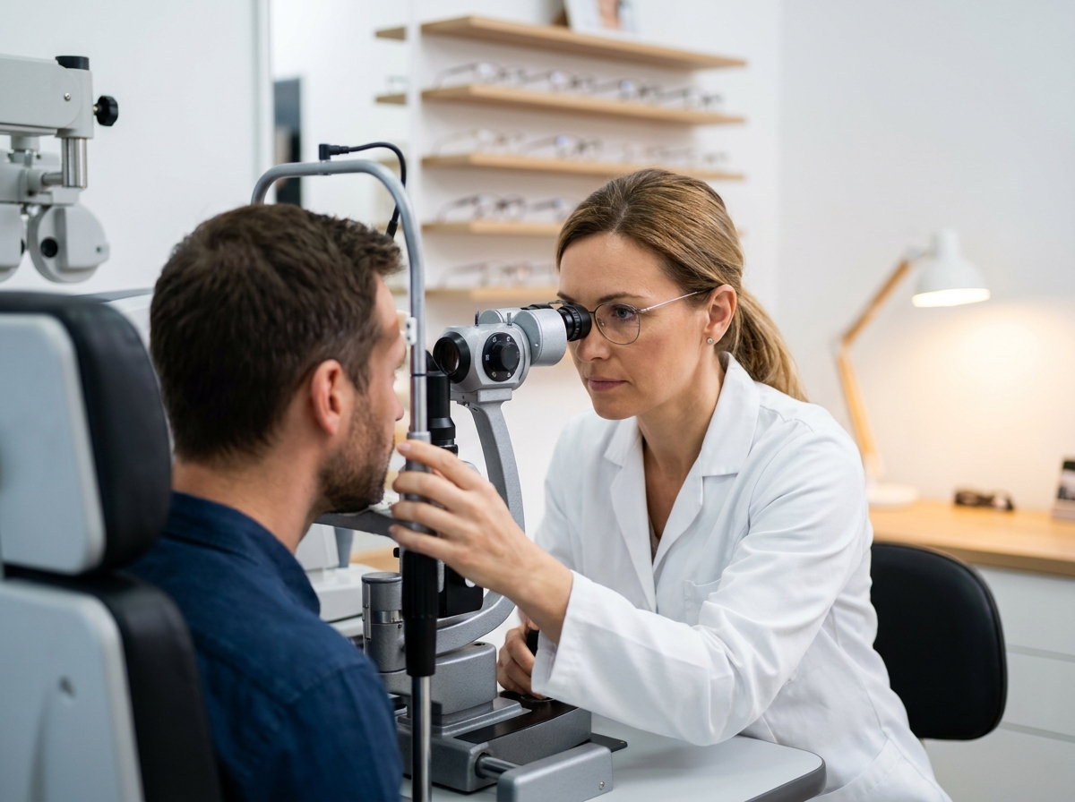 Opticienne réalisant un examen de la vue avec une lampe à fente dans une clinique optique moderne