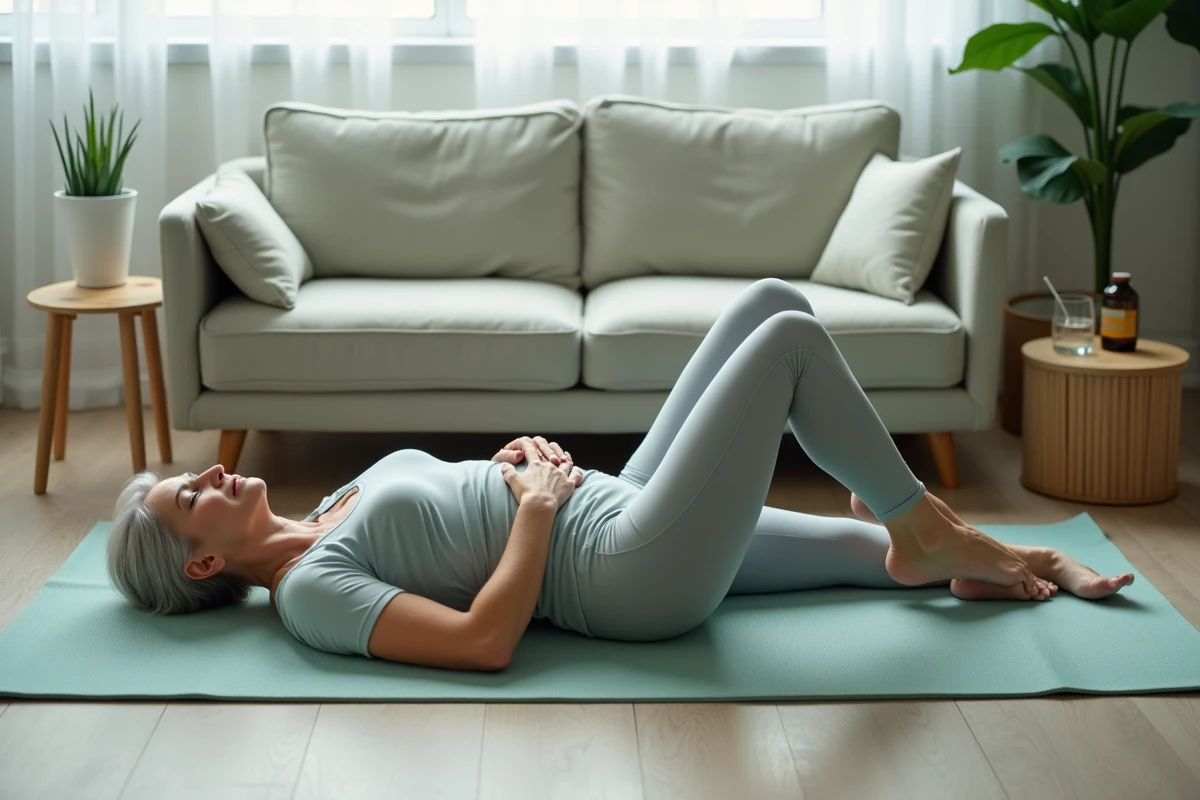 Femme pratiquant des exercices doux pour réduire le reflux gastrique à la maison sur un tapis de yoga