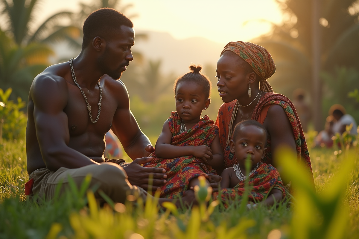 Famille africaine réunie dans la nature sous un ciel lumineux