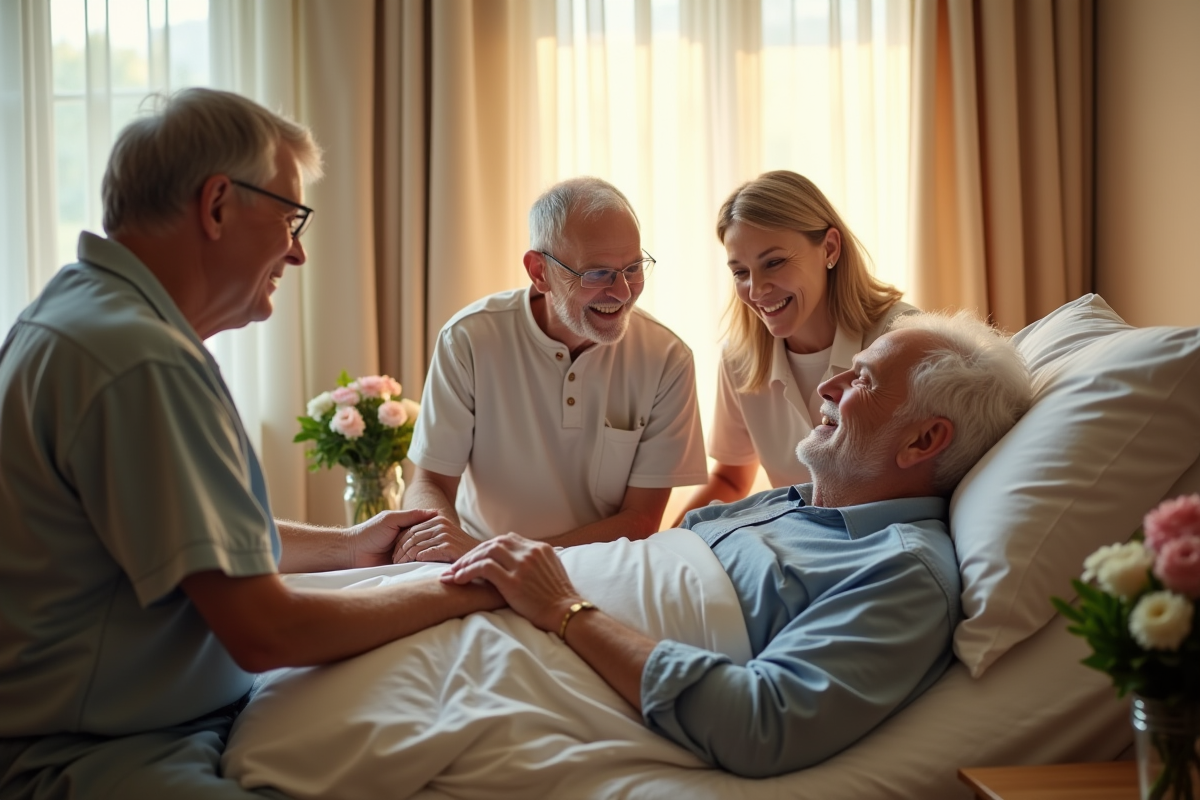 Famille reunie dans une salle de hospice autour d
