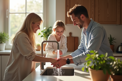 Famille diverse se lavant les mains dans une cuisine lumineuse